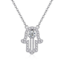 Load image into Gallery viewer, White Stone Studded Hamsa Hand Evil Eye Silver Necklace - NecklaceRose Gold