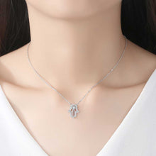 Load image into Gallery viewer, White Stone Studded Hamsa Hand Evil Eye Silver Necklace - NecklaceRose Gold