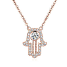 Load image into Gallery viewer, White Stone Studded Hamsa Hand Evil Eye Silver Necklace - NecklaceRose Gold