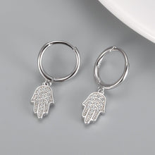 Load image into Gallery viewer, White Stone Studded Hamsa Hand Silver Earrings - EarringsGold