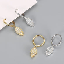 Load image into Gallery viewer, White Stone Studded Hamsa Hand Silver Earrings - EarringsGold