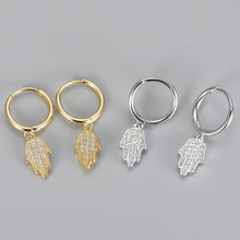 Load image into Gallery viewer, White Stone Studded Hamsa Hand Silver Earrings - EarringsGold