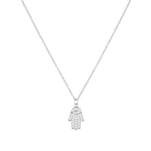 Load image into Gallery viewer, White Stone Studded Hamsa Hand Silver Necklace - NecklaceSilver