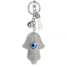 Load image into Gallery viewer, White Stone Studded Hamsa Hand with Blue Evil Eye Keychain - Keychain