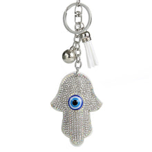 Load image into Gallery viewer, White Stone Studded Hamsa Hand with Blue Evil Eye Keychain - Keychain