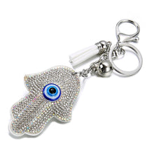 Load image into Gallery viewer, White Stone Studded Hamsa Hand with Blue Evil Eye Keychain - Keychain