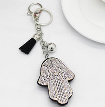 Load image into Gallery viewer, White Stone Studded Hamsa Hand with Evil Eye Keychain - Keychain