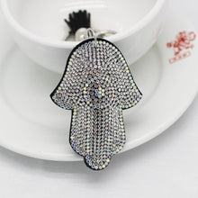 Load image into Gallery viewer, White Stone Studded Hamsa Hand with Evil Eye Keychain - Keychain