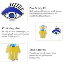 Load image into Gallery viewer, Yellow Hamsa Hand and Blue Evil Eye Silver Earrings - Earrings