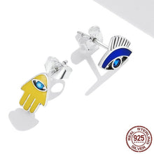 Load image into Gallery viewer, Yellow Hamsa Hand and Blue Evil Eye Silver Earrings - Earrings