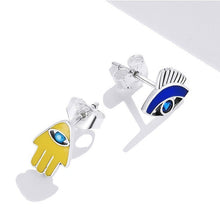 Load image into Gallery viewer, Yellow Hamsa Hand and Blue Evil Eye Silver Earrings - Earrings