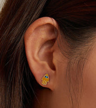 Load image into Gallery viewer, Yellow Hamsa Hand and Blue Evil Eye Silver Earrings - Earrings