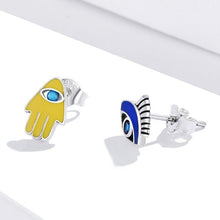 Load image into Gallery viewer, Yellow Hamsa Hand and Blue Evil Eye Silver Earrings - Earrings