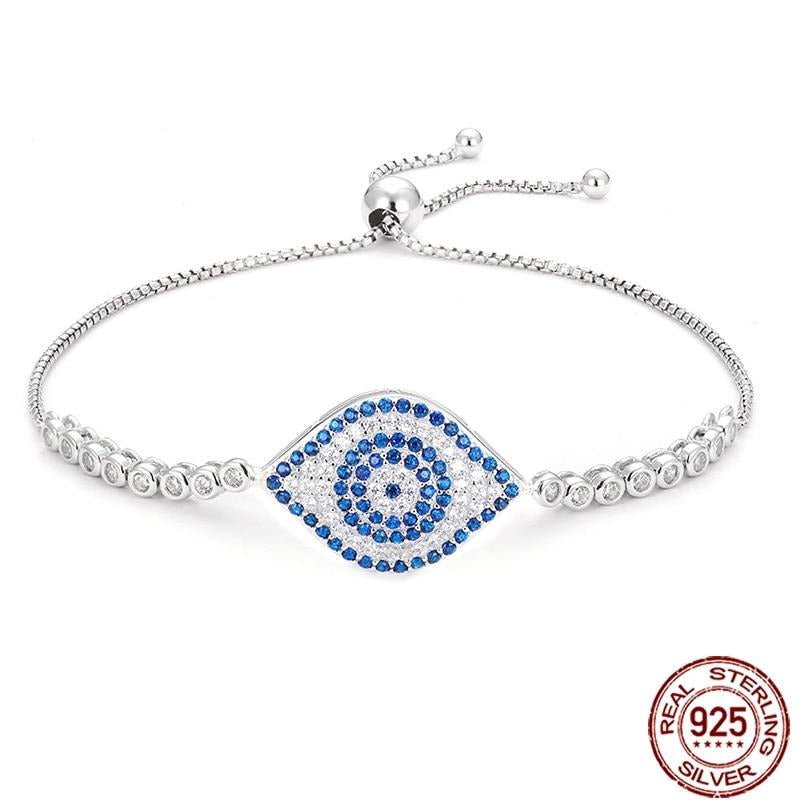 Beautiful Blue and White Stone Evil Eye Silver Bracelet - Bracelet