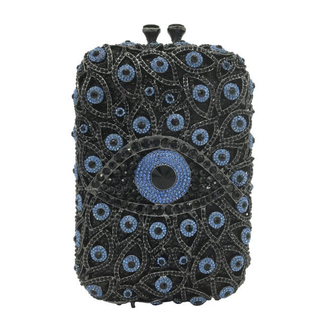 Black and Blue Stone Studded Evil Eye Clutch - Black - Handbag