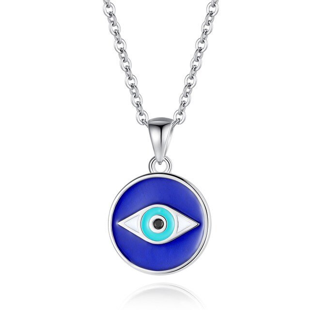 Blue and Turquoise Eye Shaped Evil Eye Silver Necklace - Necklace