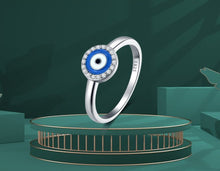 Load image into Gallery viewer, Blue and White Enamel Black Stone Evil Eye Silver Ring - Ring6
