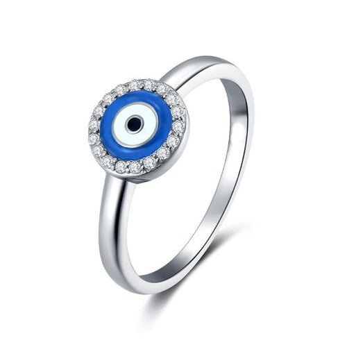 Blue and White Enamel Black Stone Evil Eye Silver Ring - Ring6