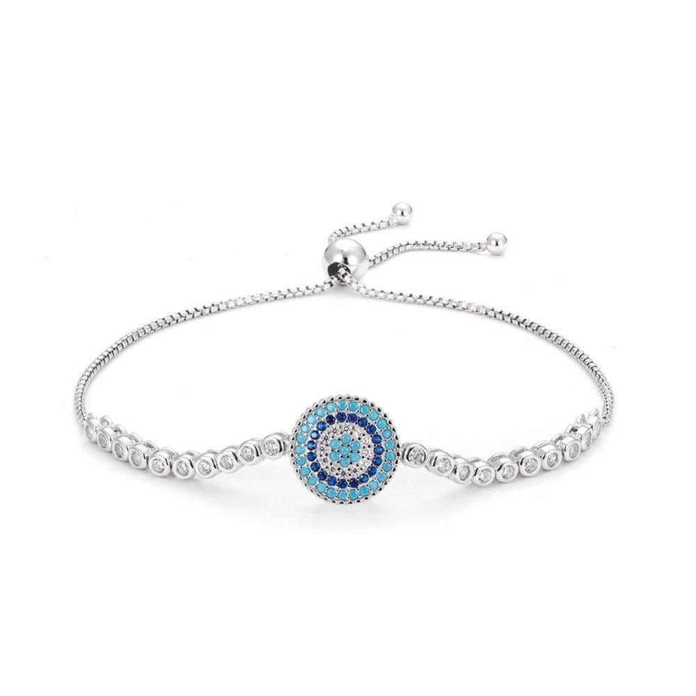 Blue and White Stone Circular Evil Eye Silver Bracelet - Bracelet