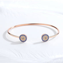 Load image into Gallery viewer, Blue and White Stone Dual Evil Eye Open Cuff Silver Bracelet - BraceletRose Gold
