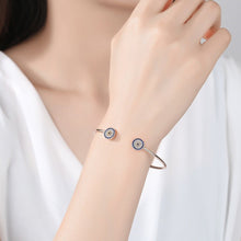 Load image into Gallery viewer, Blue and White Stone Dual Evil Eye Open Cuff Silver Bracelet - BraceletRose Gold
