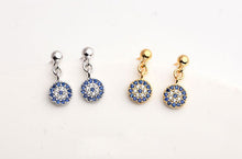 Load image into Gallery viewer, Blue and White Stone Evil Eye Silver Drop Earrings - EarringsGold
