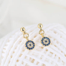 Load image into Gallery viewer, Blue and White Stone Evil Eye Silver Drop Earrings - EarringsGold
