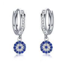 Load image into Gallery viewer, Blue and White Stone Evil Eye Silver Hoop Earrings - EarringsSilver

