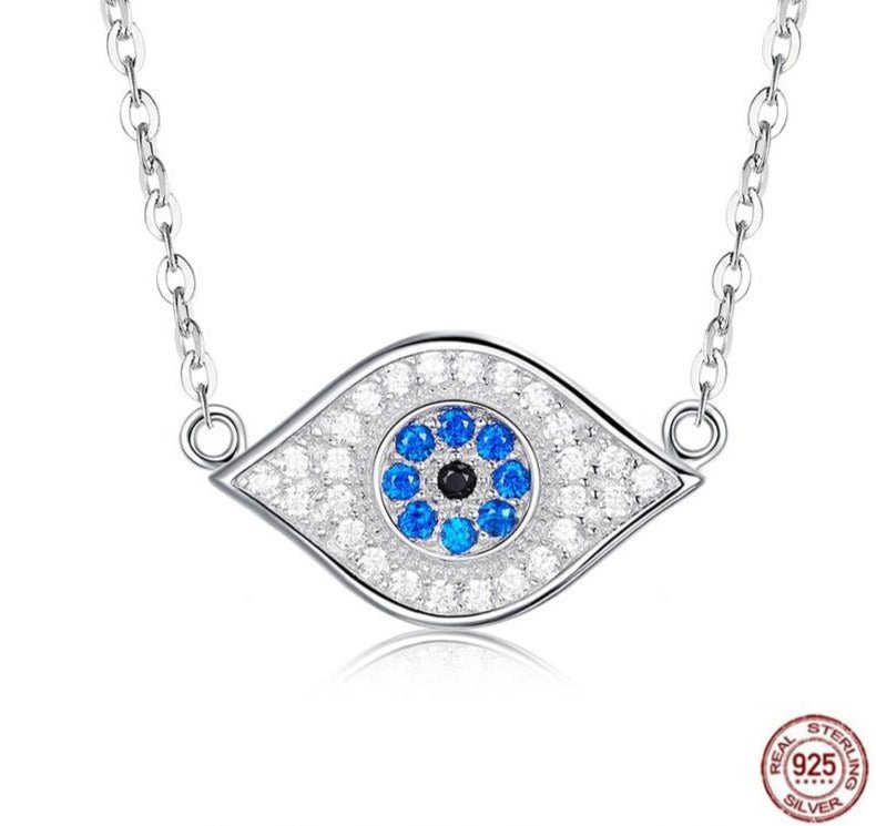 Blue and White Stone Evil Eye Silver Necklace - Necklace