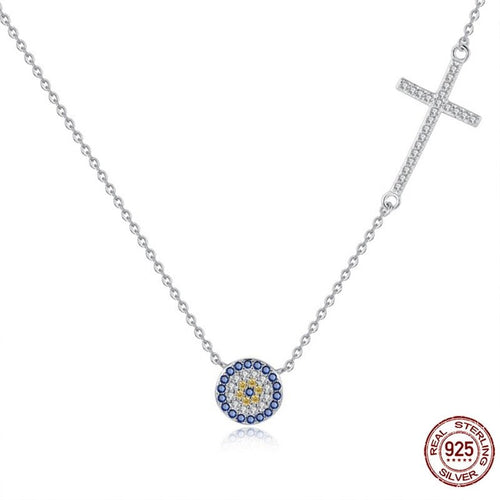Blue and White Stone Evil Eye with Holy Cross Silver Necklace - Necklace