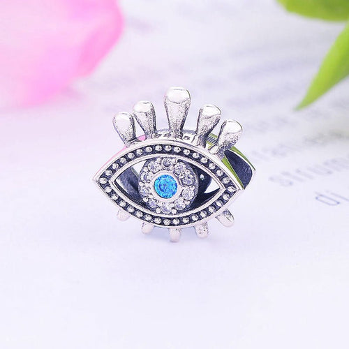 Blue and White Stone Evil Eye with Lashes Silver Charm Bead - Charm Bead