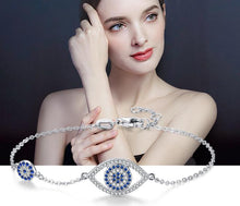 Load image into Gallery viewer, Blue and White Stone Evil Eyes Silver Bracelet - BraceletRose Gold
