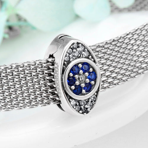 Blue and White Stone Eye Shaped Evil Eye Silver Charm Bead - Charm Bead
