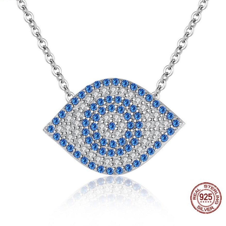 Blue and White Stone Eye-Shaped Evil Eye Silver Necklace - Necklace