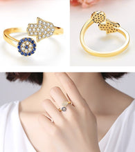Load image into Gallery viewer, Blue and White Stone Hamsa Hand and Evil Eye Silver Rings - RingRose GoldResizable
