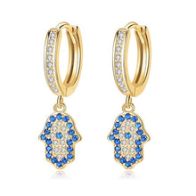 Load image into Gallery viewer, Blue and White Stone Hamsa Hand Silver Drop Earrings - EarringsGold
