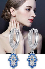 Load image into Gallery viewer, Blue and White Stone Hamsa Hand Silver Drop Earrings - EarringsRose Gold
