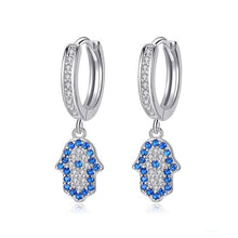Load image into Gallery viewer, Blue and White Stone Hamsa Hand Silver Drop Earrings - EarringsSilver
