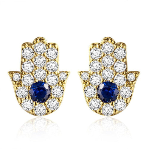 Blue and White Stone Hamsa Hand Silver Stud Earrings - Earrings
