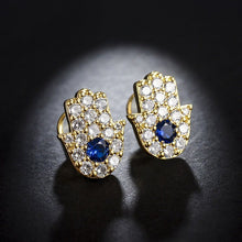 Load image into Gallery viewer, Blue and White Stone Hamsa Hand Silver Stud Earrings - Earrings
