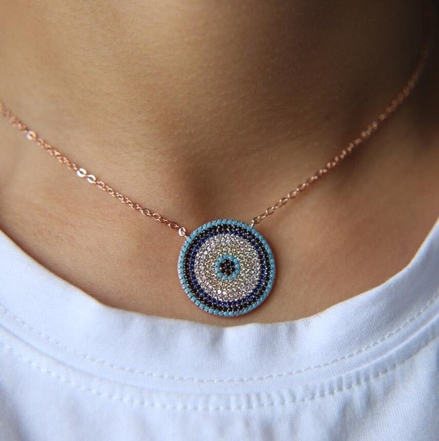 Blue and White Stone Mosaic Evil Eye Silver Necklace - Jewellery