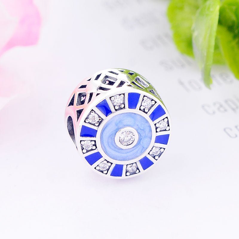 Blue and White Stone Pattern Evil Eye Silver Charm Bead - Charm Bead