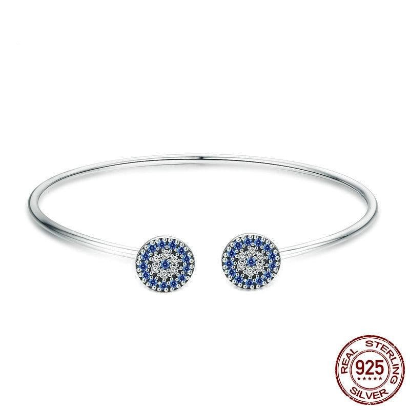 Blue and White Stone Star Design Open Cuff Evil Eye Silver Bracelet - Bracelet