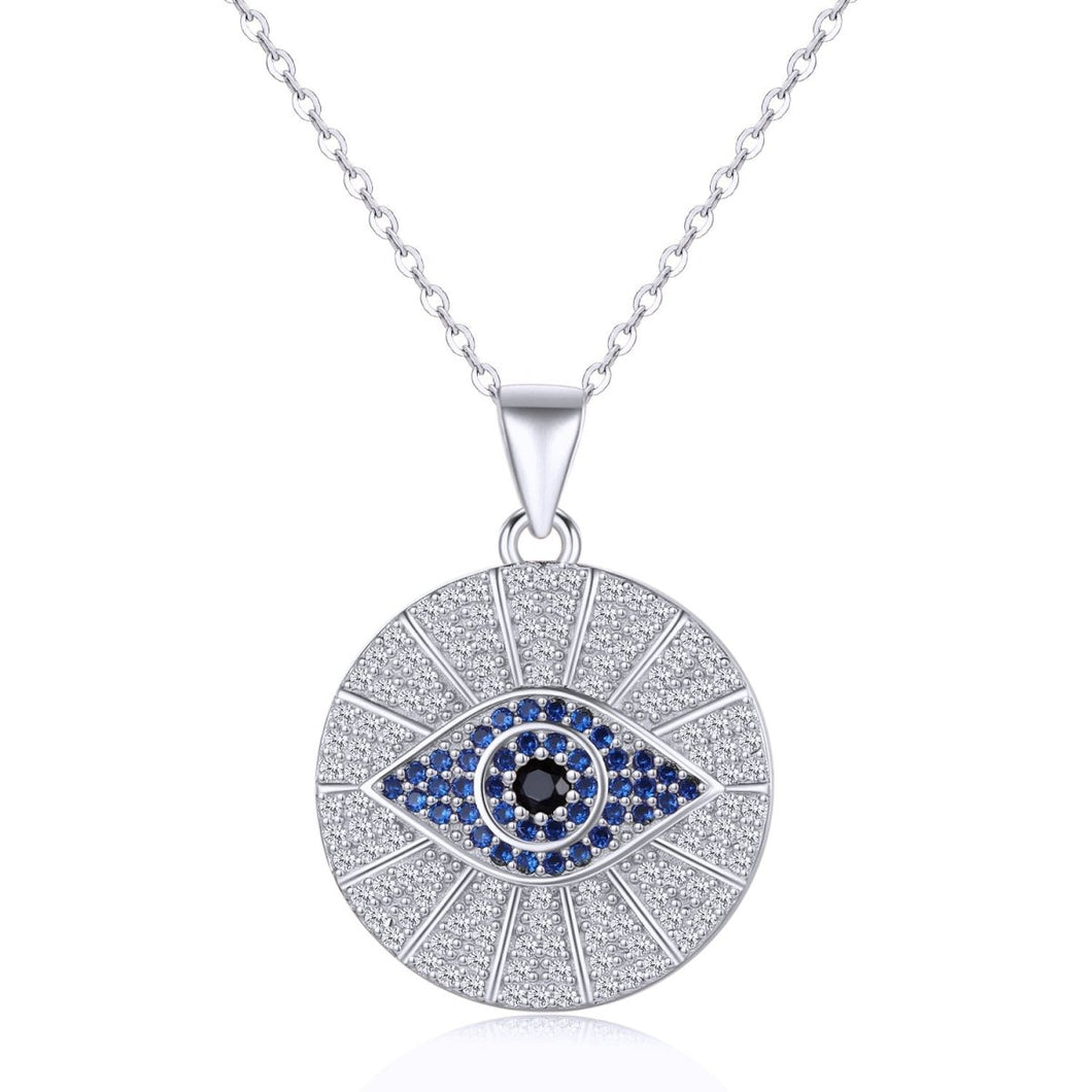 Blue and White Stone Studded Circular Evil Eye Necklace - NecklaceSilver18