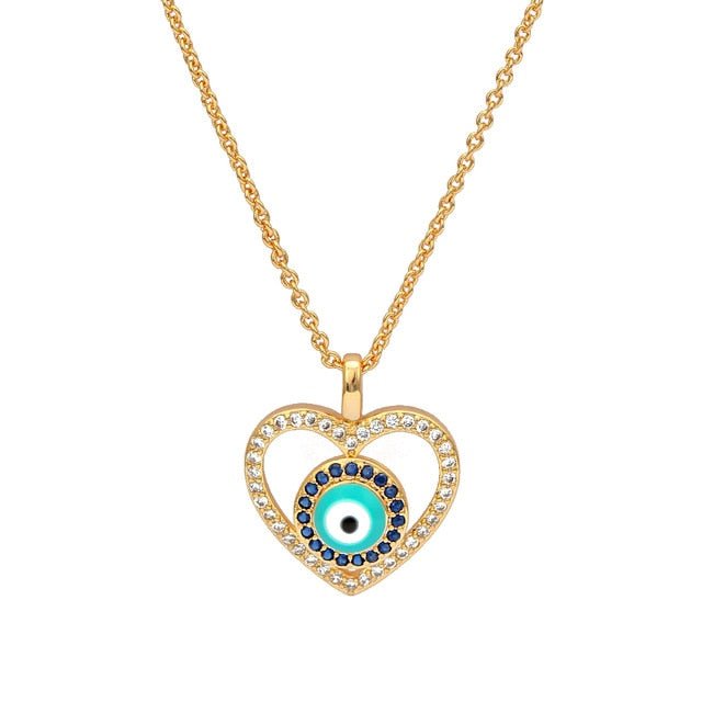 Blue and White Stone Studded Heart Shaped Evil Eye Pendant Necklace - Jewellery