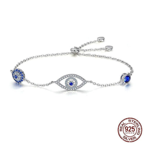 Blue and White Stone Triple Evil Eye Silver Bracelet - Bracelet