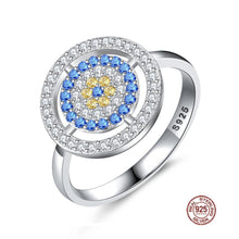 Load image into Gallery viewer, Blue and White Stones Cluster Evil Eye Silver Ring - Ring6
