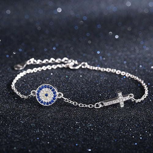 Blue and White Stones Evil Eye with Holy Cross Silver Bracelet - Bracelet