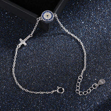 Load image into Gallery viewer, Blue and White Stones Evil Eye with Holy Cross Silver Bracelet - Bracelet
