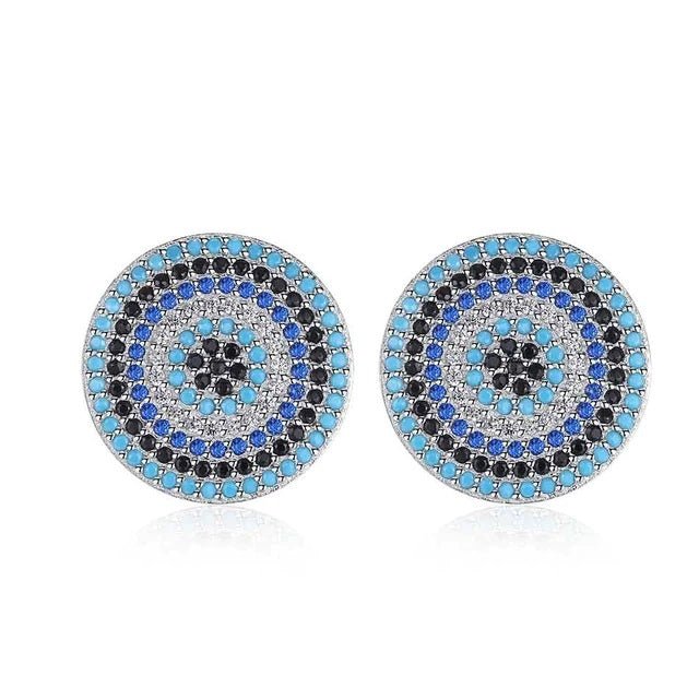 Blue, Black and White Stone Evil Eye Silver Cluster Earrings - Earrings